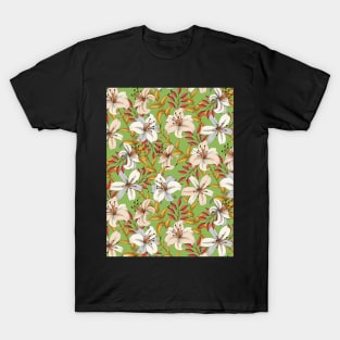 Lily Flower Pattern On Green T-Shirt